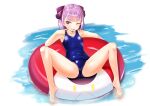  1girl bangs bare_shoulders blue_swimsuit breasts collarbone covered_navel fate/grand_order fate_(series) goggles goggles_on_head helena_blavatsky_(fate) helena_blavatsky_(swimsuit_archer)_(fate) highres innertube looking_at_viewer one-piece_swimsuit purple_hair school_swimsuit senbon_tsuki short_hair sitting small_breasts spread_legs swimsuit thighs violet_eyes 