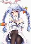  1girl :d absurdres animal_ear_fluff animal_ears arm_support bangs bare_shoulders black_legwear blue_hair blue_ribbon blush bow braid breasts carrot carrot_hair_ornament detached_sleeves don-chan_(usada_pekora) dress eyebrows_visible_through_hair feet_out_of_frame food_themed_hair_ornament fur_trim hair_bow hair_ornament hair_ribbon head_tilt highres hololive huge_filesize leg_garter long_hair looking_at_viewer medium_breasts multicolored_hair open_mouth pantyhose pikao pom_pom_(clothes) puffy_short_sleeves puffy_sleeves rabbit_ears red_eyes ribbon short_sleeves sidelocks silver_hair simple_background sitting smile solo thick_eyebrows tress_ribbon twin_braids twintails two-tone_hair usada_pekora very_long_hair virtual_youtuber white_background white_bow white_dress 