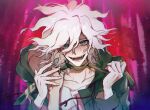  1boy 1other :d bangs blood blush collarbone commentary_request dangan_ronpa_(series) dangan_ronpa_2:_goodbye_despair fangs green_jacket green_neckwear grey_hair hair_between_eyes hair_over_one_eye hood hood_down hooded_jacket jacket komaeda_nagito korean_commentary looking_at_viewer male_focus messy_hair multicolored multicolored_background necktie open_mouth pink_background ppap_(11zhakdpek19) print_shirt purple_background shiny shiny_hair shirt smile solo sweat teeth upper_body white_hair white_shirt 