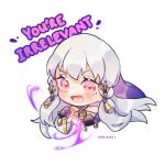  1girl artist_name bare_shoulders chibi cropped_torso english_text fire_emblem fire_emblem:_three_houses inkanii long_hair long_sleeves lysithea_von_ordelia magic open_mouth pink_eyes simple_background solo white_background white_hair 