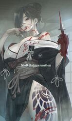  1girl akeha_(nier_reincarnation) bare_shoulders black_nails blood blood_on_face bloody_clothes bloody_hands bloody_weapon blue_lips copyright_name earrings film_grain fingernails gloves grey_hair hair_bun hair_over_one_eye highres holding holding_weapon indoors japanese_clothes jewelry kimono leg_tattoo long_fingernails long_sleeves maeshima_shigeki medium_hair mole mole_under_eye nier_(series) nier_reincarnation parted_lips red_gloves sharp_fingernails solo tattoo violet_eyes weapon wide_sleeves 