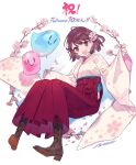  1girl artist_request atelier_(series) atelier_sophie boots brown_eyes cherry_blossoms cross-laced_footwear hakama highres japanese_clothes kimono lace-up_boots official_art open_mouth puni_(atelier) red_hakama redhead short_hair smile solo sophie_neuenmuller 