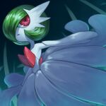  030_(pixiv_6510177) 1girl bangs blue_background bob_cut colored_skin commentary dress elbow_gloves flat_chest gardevoir gen_3_pokemon gloves gradient gradient_background green_hair hair_over_one_eye looking_to_the_side mega_gardevoir mega_pokemon open_mouth pokemon pokemon_(creature) red_eyes shiny shiny_hair short_hair solo strapless strapless_dress white_dress white_gloves white_skin 