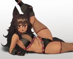  1girl animal_ears bracelet breasts brown_hair cerberus_(houtengeki) collar dark_skin dark-skinned_female eyebrows_visible_through_hair fishnet_legwear fishnets grey_background houtengeki jewelry leg_up long_hair looking_at_viewer navel original red_collar red_eyes small_breasts smile solo spiked_bracelet spikes stomach tail 