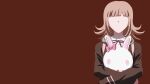  1girl absurdres backpack bag bangs brown_hair brown_jacket collared_shirt dangan_ronpa_(series) dangan_ronpa_3_(anime) derivative_work doll doll_hug dress_shirt ear_bow english_commentary highres holding holding_doll hope&#039;s_peak_academy_school_uniform jacket light_brown_hair long_sleeves medium_hair mickspad minimalism monomi_(dangan_ronpa) nanami_chiaki neck_ribbon object_hug open_clothes open_jacket pale_skin pink_neckwear red_background red_ribbon ribbon school_uniform shirt simple_background stuffed_animal stuffed_bunny stuffed_toy upper_body white_shirt wing_collar 