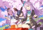 5girls :d ^_^ animal_ears bangs bare_shoulders black_bow black_dress black_hair black_headwear black_jacket black_skirt blue_bow blue_flower blue_ribbon blue_rose blue_shirt bow breasts brown_hair brown_headwear brown_jacket brown_pants character_request closed_eyes commentary_request day dress ear_covers ear_ribbon eyebrows_visible_through_hair flower food gold_ship_(umamusume) grin hair_over_one_eye hat hat_flower holding holding_food holding_knife holding_plate horse_ears horse_girl horse_tail jacket knife long_hair medium_breasts mejiro_mcqueen_(umamusume) mini_hat multiple_girls naitou_ryuu off-shoulder_dress off_shoulder open_mouth outdoors pants plate pleated_skirt purple_hair ribbon rice_shower_(umamusume) rose running school_uniform shirt silver_hair sitting skirt small_breasts smile tail tilted_headwear tracen_school_uniform track_jacket track_pants track_suit tree umamusume very_long_hair violet_eyes white_skirt 