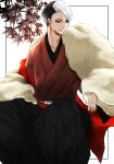  1boy ameyu_(ame12y) divus_crewel earrings fur highres japanese_clothes jewelry kimono male_focus multicolored_hair sitting solo stud_earrings twisted_wonderland two-tone_hair white_background white_hair 