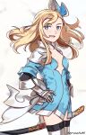  1girl :d blonde_hair blue_bow blue_dress blue_eyes bow bravely_default_(series) cowboy_shot dress edea_lee gauntlets graysheartart hair_bow hand_on_hip highres katana long_hair open_mouth plunging_neckline sheath sheathed short_dress smile solo sword thigh-highs weapon white_background 