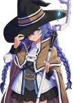  1girl black_headwear black_skirt blue_eyes blue_hair braid brown_cape brown_capelet cape collared_shirt commentary_request cowboy_shot crystal glowing hand_on_headwear hand_up hat highres holding holding_staff jacket long_hair low_twintails mushoku_tensei roxy_migurdia shirt simple_background skirt solo somasoutaro staff standing twin_braids twintails very_long_hair white_background white_jacket white_shirt witch_hat 