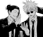  2boys ^_^ arm_behind_head bangs blue_eyes closed_eyes collared_shirt dress_shirt ear_piercing formal getou_suguru gojou_satoru greyscale grin hair_between_eyes hair_bun hair_pulled_back hand_up jacket jujutsu_kaisen long_sleeves male_focus microphone monochrome multiple_boys necktie open_mouth piercing round_eyewear shirt short_hair simple_background smile spot_color suit sunglasses tekla upper_body 