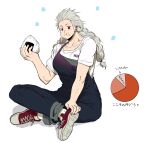  1girl biceps blush braid breasts dorohedoro earrings eating food highres jewelry long_hair looking_at_viewer muscular muscular_female noi_(dorohedoro) onigiri overalls simple_background solo twin_braids uei_(uei73661268) white_background white_hair 