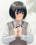  1girl 3: bangs black_bow black_hair blush bow breasts brown_eyes closed_mouth collared_shirt diagonal_stripes dress_shirt fingers_together long_sleeves looking_away looking_to_the_side mattaku_mousuke medium_breasts original school_uniform shirt short_hair solo striped striped_background sweater_vest twitter_username upper_body watermark white_shirt 