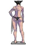  1girl 6maker ass back barefoot black_hair black_panties butt_crack from_behind full_body hair_cones han_juri hand_on_hip highres looking_down muscular muscular_female panties simple_background solo standing street_fighter street_fighter_iv_(series) thigh_gap thighs toned topless towel underwear weighing_scale 