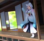  1girl animal_ear_fluff animal_ears architecture bangs east_asian_architecture fox_ears full_body hagoromo high_ponytail highres japanese_clothes kimono long_hair ne_an_ito obi parted_bangs porch sash shawl sidelocks solo standing tabi touhoku_itako very_long_hair violet_eyes voiceroid white_hair white_kimono white_legwear white_sleeves 