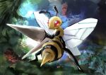  absurdres animal_focus artist_name bee beedrill blank_eyes bug bush commentary day day_walker1117 english_text forest full_body gen_1_pokemon grass highres insect insect_wings lance nature no_humans outdoors pokemon pokemon_(creature) polearm red_eyes signature solo standing tree weapon wings 