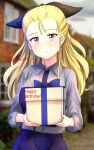  1girl assam_(girls_und_panzer) belt black_ribbon blonde_hair blue_eyes blue_skirt blurry blurry_background blush casual closed_mouth collared_shirt commentary depth_of_field english_text gift girls_und_panzer grey_shirt hair_pulled_back hair_ribbon happy_birthday highres holding holding_gift long_hair long_sleeves looking_at_viewer redbaron ribbon shirt skirt smile solo standing twitter_username white_belt wings_of_iron:_hazy_tales_(umamusume) 