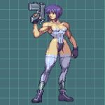  1girl bare_shoulders black_footwear black_gloves breasts clenched_hand closed_mouth collarbone covered_navel fingerless_gloves ghost_in_the_shell gloves grid grid_background gun holding holding_gun holding_weapon kusanagi_motoko leotard muscular muscular_female omegachaino pixel_art purple_hair short_hair solo standing thigh-highs violet_eyes weapon white_legwear 