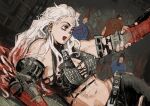  1girl abs blush breasts dorohedoro earrings gloves jewelry kaitennsiki large_breasts leather long_hair muscular muscular_female navel necktie noi_(dorohedoro) open_mouth pants red_eyes smile stitches white_hair 