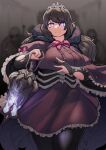  1girl @_@ absurdres blurry blurry_background bone bow bowtie breasts buttons dot_nose eyebrows_visible_through_hair frills gloves highres holding lantern long_hair looking_at_viewer partially_fingerless_gloves shadow skull smile spine tajyador tiara torn_clothes torn_gloves violet_eyes 