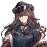  1girl animal_ears arknights bangs blue_eyes blue_shirt choker hat jacket looking_at_viewer mamemena military military_hat military_uniform multicolored_hair off_shoulder peaked_cap redhead shirt simple_background solo two-tone_hair uniform white_background zima_(arknights) 