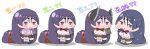  4girls absurdres bangs black_hair bodysuit breasts chibi commentary_request fate/grand_order fate_(series) highres large_breasts long_hair low-tied_long_hair minamoto_no_raikou_(fate) multiple_girls multiple_persona parted_bangs pelvic_curtain pink_bodysuit purple_hair rei_(rei_rr) seiza sitting smile translation_request very_long_hair violet_eyes wet 