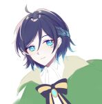  1boy androgynous bangs black_hair blue_eyes blue_hair bow brooch cape closed_mouth collared_cape collared_shirt eyebrows_visible_through_hair genshin_impact gradient_hair jewelry looking_at_viewer male_focus multicolored_hair shirt short_hair simple_background sketch smile solo venti_(genshin_impact) venti_suki white_background white_shirt 