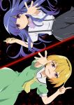  2girls :d bangs black_background black_hairband black_skirt blonde_hair blood blue_hair blunt_bangs bow bowtie closed_mouth collared_shirt commentary dress frown furude_rika green_dress hair_between_eyes hairband hand_up highres higurashi_no_naku_koro_ni holding houjou_satoko index_finger_raised long_hair looking_at_viewer lower_teeth multiple_girls neckerchief open_mouth outstretched_arm puffy_short_sleeves puffy_sleeves purple_bow purple_neckwear rumia_(compacthuman) sailor_collar school_uniform shirt shirt_tucked_in short_hair short_sleeves skirt smile split_screen spread_fingers suspender_skirt suspenders twitter_username violet_eyes white_sailor_collar white_shirt yellow_neckwear 
