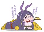  1girl animal_ears apple bangs breasts chibi commentary_request fake_animal_ears fate/grand_order fate_(series) food fruit hairband highres large_breasts long_hair low-tied_long_hair minamoto_no_raikou_(fate) open_mouth parted_bangs pelvic_curtain plate purple_hair rabbit_ears rei_(rei_rr) seiza sitting smile solo sword translation_request very_long_hair violet_eyes weapon 