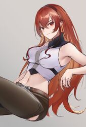  1girl ahoge armpits bangs black_shorts blush breasts brown_hairband chaps cowboy_shot crop_top eris_greyrat hair_between_eyes hairband highres leaning_back long_hair looking_at_viewer midriff mushoku_tensei navel older rausu_(undeadmachine) red_eyes redhead shirt short_shorts shorts sidelocks sitting sleeveless sleeveless_shirt solo very_long_hair white_shirt 