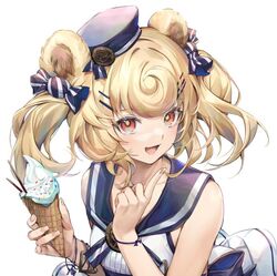  1girl :d animal_ears arknights bangs bare_shoulders bear_ears bear_girl blonde_hair blue_headwear blue_sailor_collar candy_hair_ornament dress fingernails food food_themed_hair_ornament gummy_(arknights) hair_ornament hairpin hat holding holding_food ice_cream ice_cream_cone index_finger_raised looking_at_viewer mamemena medium_hair open_mouth red_eyes sailor_collar sailor_hat sleeveless sleeveless_dress smile solo white_dress 