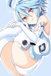  1girl bare_shoulders blush breasts elbow_gloves gloves hair_between_eyes highres iwashi_dorobou_-r- leotard light_blue_hair looking_at_viewer neptune_(series) power_symbol red_eyes short_hair_with_long_locks small_breasts solo symbol-shaped_pupils thigh-highs white_gloves white_heart white_leotard 