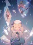  1girl :| asymmetrical_sleeves azusawa_kohane backwards_hat baseball_cap black_shirt blonde_hair blue_skirt closed_eyes closed_mouth facing_away facing_viewer glass_shards grey_hoodie grey_shirt grey_skirt hand_on_own_cheek hand_on_own_face hat highres holding holding_microphone hood hoodie jacket lens_flare long_sleeves looking_away microphone multiple_views music official_alternate_costume open_mouth pink_jacket project_sekai reflection rion sailor_collar school_uniform shirt short_twintails simple_background singing skirt smile striped thigh-highs twintails white_headwear 