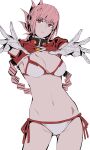  1girl absurdres bare_legs bikini braid braided_ponytail breasts fate/grand_order fate_(series) florence_nightingale_(fate) gloves highres jacket kimuwaipu long_hair looking_at_viewer open_mouth pink_hair reaching_out red_eyes red_jacket solo stomach swimsuit white_gloves 