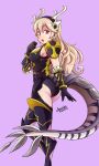  1girl absurdres alternate_hair_color armor ass black_armor boots breasts buckle clenched_hand corrin_(fire_emblem) corrin_(fire_emblem)_(female) dated dragon_tail fire_emblem fire_emblem_fates gauntlets gold_trim hair_between_eyes hairband hand_on_own_chest highres horns jarckius large_breasts large_tail leotard light_brown_hair long_hair looking_at_viewer looking_back open_mouth pauldrons purple_background red_eyes shoulder_armor sidelocks signature simple_background solo tail thigh-highs thigh_boots thighs very_long_hair wavy_hair 