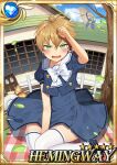  1boy angry annoyed blonde_hair blue_eyes blush carchet card_(medium) character_name child crossdressinging day dress embarrassed hair_between_eyes hemingway_(sid_story) male_focus otoko_no_ko outdoors sid_story sky solo thigh-highs white_legwear younger 