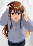  1girl arm_up bangs black_skirt blush brown_eyes brown_hair clenched_hand drawstring eyebrows_visible_through_hair from_above grey_hoodie hair_between_eyes hand_in_hair hand_up hood hood_down hoodie indoors long_hair looking_at_viewer looking_up mattaku_mousuke nose_blush open_mouth original pleated_skirt skirt solo standing sweat twitter_username v-shaped_eyebrows very_long_hair watermark wavy_mouth 