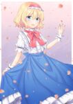  1girl alice_margatroid bangs blonde_hair blue_eyes blue_skirt blurry blurry_foreground bob_cut depth_of_field dress_shirt eyebrows_visible_through_hair frilled_cuffs frilled_hairband frilled_shirt frills hairband high_collar irino long_skirt looking_at_viewer neck_ribbon open_mouth petals red_hairband red_neckwear ribbon shirt skirt skirt_hold smile solo standing touhou white_shirt 
