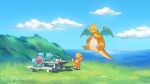  berry_(pokemon) bulbasaur charmander claws clouds commentary day dragonite emuenuon fire flame flying gen_1_pokemon grass highres holding no_humans outdoors picnic picnic_table pokemon pokemon_(creature) sky squirtle standing water 