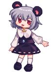  1girl animal_ears bangs black_footwear blouse capelet commentary_request cookie_(touhou) eyebrows_visible_through_hair full_body grey_hair grey_skirt grey_vest long_sleeves looking_at_viewer lowres mouse_ears nazrin nyon_(cookie) open_mouth pixel_art red_eyes shiny shiny_hair shoes short_hair skirt skirt_set socks solo standing touhou transparent_background vest white_blouse white_legwear xox_xxxxxx 