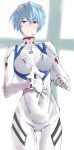  1girl absurdres ayanami_rei blue_background blue_hair bodysuit breasts covered_navel cowboy_shot gloves hairpods highres interface_headset kimuwaipu medium_breasts multicolored multicolored_bodysuit multicolored_clothes neon_genesis_evangelion plugsuit red_eyes short_hair simple_background smile solo white_background white_bodysuit white_gloves 