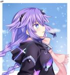  1girl alternate_costume bare_shoulders blue_eyes blush braid breasts eyebrows_visible_through_hair face from_side hair_between_eyes hair_ornament highres lewdkuma long_hair neptune_(series) power_symbol purple_hair purple_heart serious solo symbol-shaped_pupils twin_braids winter winter_clothes 