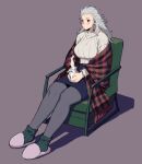  1girl bangs blush breasts chair coffee dorohedoro earrings full_body highres jewelry ki_(mxxxx) long_hair noi_(dorohedoro) pantyhose pencil_skirt red_eyes simple_background skirt solo sweater white_hair 