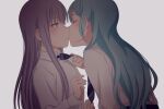  2girls aqua_hair bang_dream! blush collared_shirt couple green_eyes hikawa_sayo kiss light_purple_hair long_hair minato_yukina multiple_girls necktie necktie_grab neckwear_grab shirt striped_necktie un403lucky white_shirt yellow_eyes yuri 