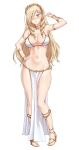  1girl arm_up armlet bikini blonde_hair blue_eyes blush breasts celia_kumani_entory cleavage closed_mouth drill_hair eyebrows_visible_through_hair eyes_visible_through_hair full_body hair_over_one_eye hand_on_hip hand_up highres large_breasts long_hair midriff navel pelvic_curtain sarhce simple_background smile solo standing swimsuit twin_drills walkure_romanze white_background white_bikini 