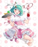  1girl :d alternate_costume animal_ear_fluff animal_ears apron bangs blush bottle breasts cat_ears collared_shirt cup drink drinking_glass eyebrows_visible_through_hair food frilled_apron frilled_legwear frilled_skirt frills green_hair heart highres holding holding_bottle holding_tray hololive ice ice_cube k_mugura ketchup ketchup_bottle kneehighs looking_at_viewer maid_headdress omurice open_mouth pink_footwear pink_skirt polka_dot polka_dot_background puffy_short_sleeves puffy_sleeves red_eyes shirt shoes short_sleeves skirt small_breasts smile solo tray uruha_rushia virtual_youtuber waist_apron white_apron white_background white_legwear white_shirt wrist_cuffs 