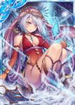  1girl akkijin arabian_clothes armpits bare_shoulders blue_hair breasts collarbone elbow_gloves fog gem genie gloves hair_ornament lamp leotard looking_at_viewer medium_breasts official_art red_gloves red_leotard shinkai_no_valkyrie shiny short_hair veil yellow_eyes 