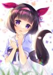  1girl :d animal_ears bangs black_hair blurry blurry_foreground commentary_request depth_of_field eyebrows_visible_through_hair hair_ornament hairband hairclip hands_up head_tilt highres horse_ears horse_girl horse_tail ko_yu looking_at_viewer nishino_flower_(umamusume) open_mouth pink_hairband pleated_skirt puffy_short_sleeves puffy_sleeves purple_shirt school_uniform shirt short_hair short_sleeves skirt smile solo tail tracen_school_uniform umamusume violet_eyes white_skirt x_hair_ornament 