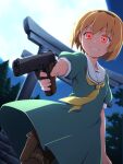  1girl aiming arm_at_side bangs black_hairband black_legwear blonde_hair blurry blurry_background commentary dress dutch_angle eyebrows_visible_through_hair full_moon green_dress gun hairband handgun highres higurashi_no_naku_koro_ni holding holding_gun holding_weapon holster houjou_satoko mashita_(candy_apricot) moon neckerchief outdoors pantyhose parted_lips puffy_short_sleeves puffy_sleeves red_eyes sailor_collar school_uniform short_hair short_sleeves smile solo stairs standing thigh_holster torii weapon white_sailor_collar yellow_neckwear 