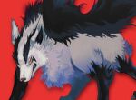  black_fur clenched_teeth colored_sclera fluffy gen_3_pokemon gigigimimi grey_fur mightyena no_humans orange_eyes parted_lips pokemon pokemon_(creature) red_background simple_background solo standing teeth yellow_sclera 