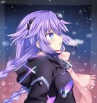  1girl alternate_costume bare_shoulders blue_eyes blush braid breasts eyebrows_visible_through_hair face from_side hair_between_eyes hair_ornament highres lewdkuma long_hair neptune_(series) power_symbol purple_hair purple_heart serious solo symbol-shaped_pupils twin_braids winter winter_clothes 
